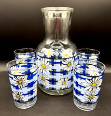 Vintage 1980’s KIG Indonesia Blue & White Daisy Carafe 4 Juice Glasses Cottage