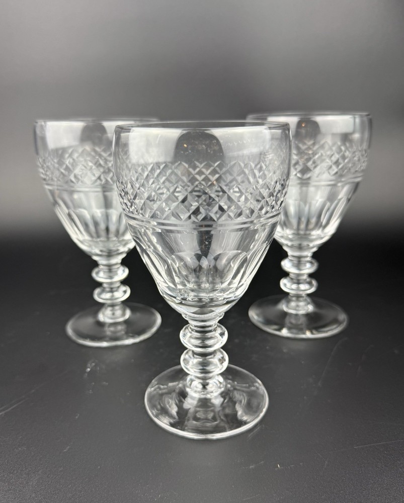 SET OF THREE Clear Glass Blown Water Goblet Wafer Stem Criss Cross Panel