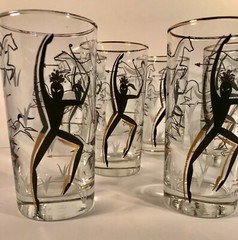 Set of 8 Vintage MCM Glass Tumblers Black & Gold Tribal Hunter Dancer and Horses