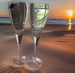 Abbott Collection Fish Cut Champagne Flute Glass Etched Waves Coastal Set