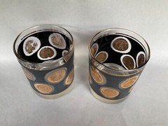 2 Libbey’s textured gold coin old fashioned glasses MCM 22k gold trim