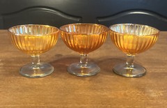 Vintage Marigold Amber Carnival Glass Sherbet Glasses Champagne Coupe Saucer (3)