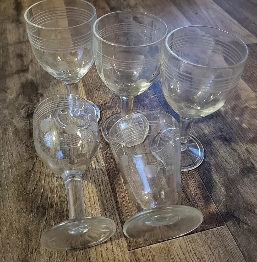 Lot 4 + 1 Bulbous Stem Polka Dots & Lines Cut Water Goblet Glasses