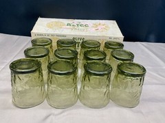 Set of 12 ~ Libbey «AZTEC» Olive Green ~ Old Fashioned Glass Tumblers ~ 8 oz.