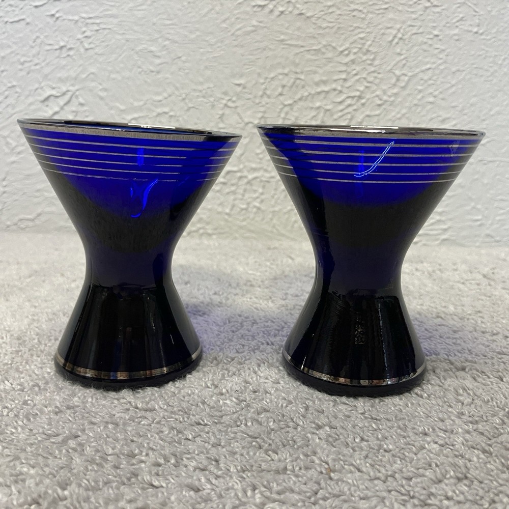 Vintage Set of 2 Cobalt Blue Cocktail Glasses with Silver Platinum Banding MCM
