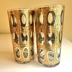 Vintage Culver Pisa Highball Glasses 22k Gold Crackle Textured Overlay Set of 2