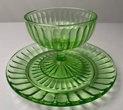 Hazel Atlas Green Ribbon New Century Sherbet Glasses w Plates Set of 2
