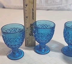 Set 4 Mini Ice Blue Goblets Pressed Glasses Diamond Cut Pattern 2.1/2 inches VTG