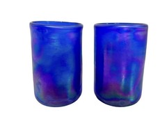 Mouth blown Art Glass Cobalt Blue Iridescent Tumblers Drinking Glasses Pair