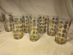 7 MCM Culver Tumbler 22k Gold Aqua Blue Drinking Glasses