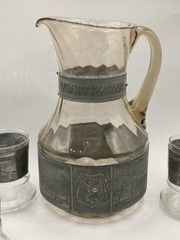 Vintage Silver Pewter Etched Wine Pitcher Ewer Warszawa Smoky Glass W/5 Glasses