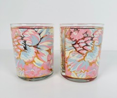 CULVER 22k Gold Pink White Blue Florals «Tapestry» Whiskey Rocks DOF Glasses 2