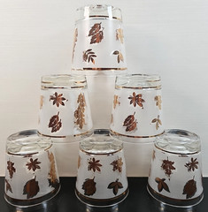 (6) Libbey Golden Foliage 6 Oz Old Fashioned Set Vintage Leaves Frosted MCM Lot