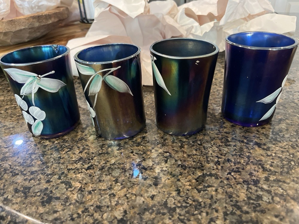 Antique Cobalt Blue Enamel Carnival Glass Tumblers: As-Is Repair/craft Lot Of 4