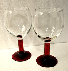 Vintage 2 Large Ruby Red Stem Crystal Balloon Goblet Wine Water 7″ Tall