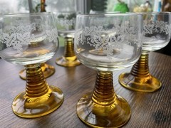 6 Set German Roemer Amber Beehive Stem Etched Crystal Wine Glasses 3fl oz 4-3/8′