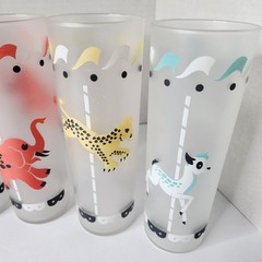 Vintage 1950’s Libbey Circus Carousel Frosted drinking glasses/highball gl set 8