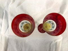 2 vintage Romanian-made ruby/yellow/blue w/gold tall toasting flute glasses