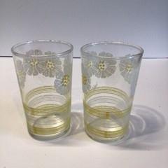 Vintage Bartlett Collins Pokee’ Juice Glasses White And Yellow Flowers