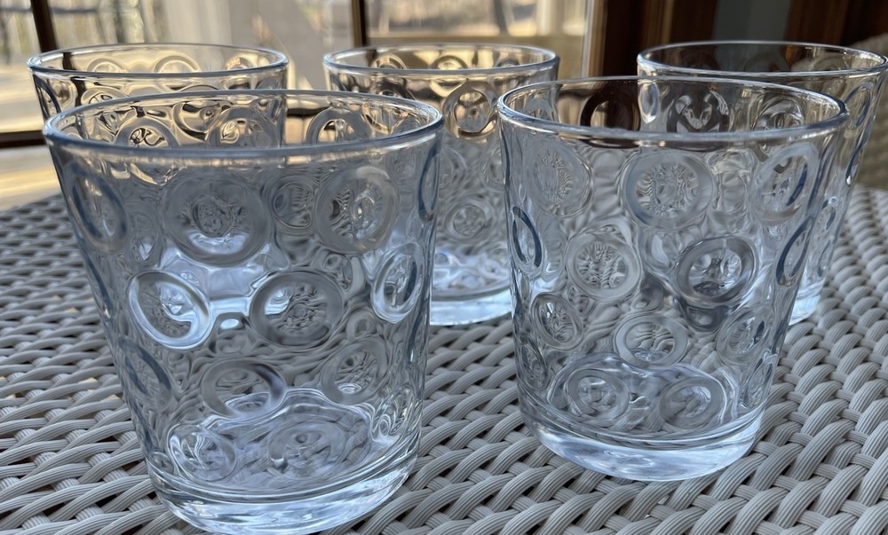 5 Vintage Pasabahce Mirage Lowball Glasses Bubble Circle Optics Dots 4” Turkish