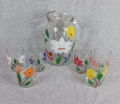Vintage Bartlett Collins Juice Set Pitcher + 6 Glasses Hand Painted Floral MCM