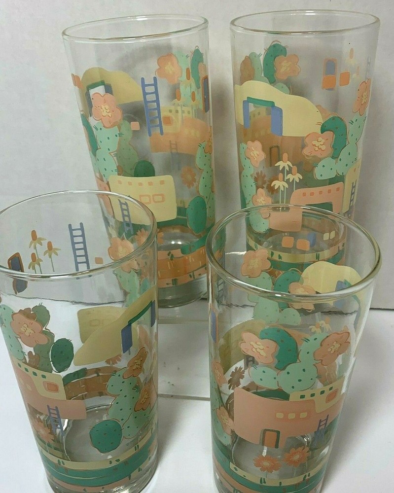 Vintage 1989 Hallmark Collectable Glasses 4- 6 1/4″ High Peach and Mint Green