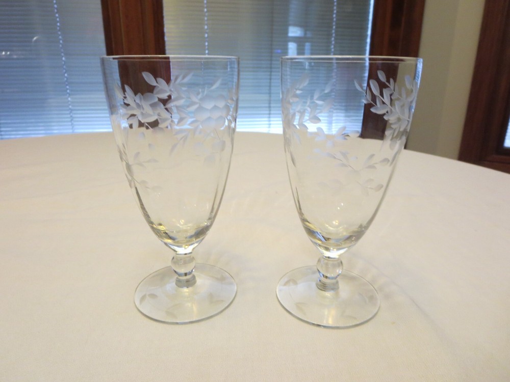 Pair of Standard Glass Depression Era Iced Teas Optic Bowl Gray Cut #136