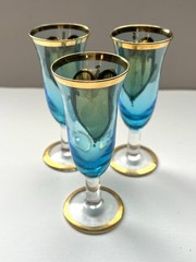 3 Vintage Turquoise Tre Fuochi Murano Cordial Glasses Gold Gilt ( 1 Has Crack)