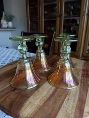 Rick Strini Signed Hand Blown Iridescent Art Glass Goblets Set of 4 Amber Green