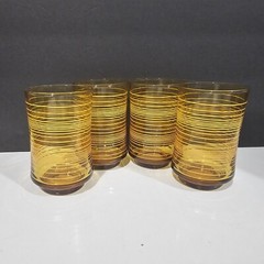 Vintage Libbey Juice Glasses 1970s St. Claire Retro MCM Amber Striped Set of 4