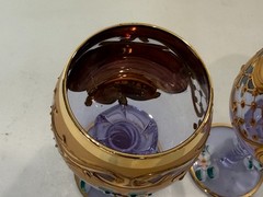 Pair Murano Tre Fuochi Wine Glasses Amethyst Gold Gilt Hand Painted Floral