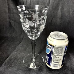 4 VTG Colony (?) Wine Glasses Goblets Floral Etched Lead Free Clear Cut Flaw