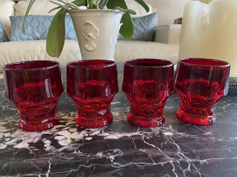 4 Viking Glass GEORGIAN Ruby Red 5 oz. Flat (Liquor Cocktail) Tumblers, 3.5″ H