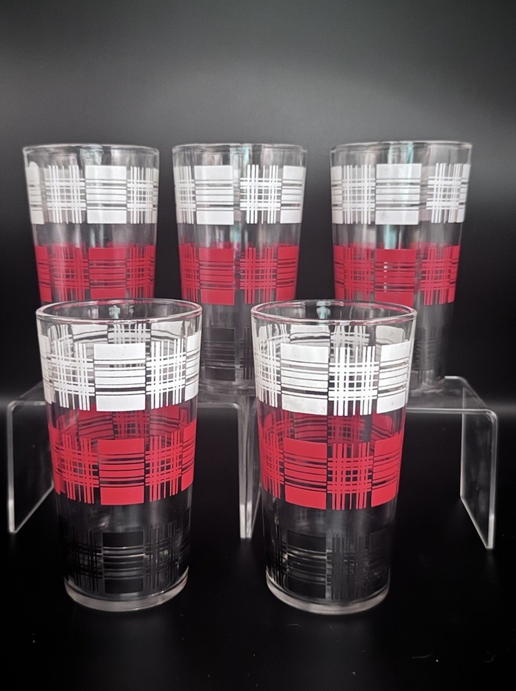 (5) Vintage Barware Hi-Ball Cocktail Glass Tumblers Black White & Red Plaid 5” T