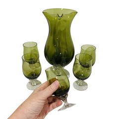 Vintage Sasaki Cocktail Set Green Art Glass Pitcher Decanter & 5 Wine Glasses