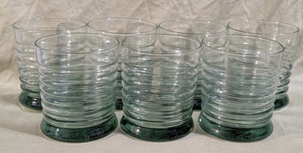 Vintage Libbey Sirrus Spanish Green Ribbed Lowball Glasses Set of 7 in EUC