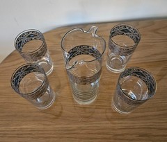 CULVER SORRENTO Vintage MCM Filigree Turquoise Pitcher & 4 Highball Glasses Set