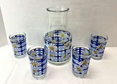 Vintage 1980’s KIG Indonesia Blue & White Daisy Carafe 4 Juice Glasses Cottage