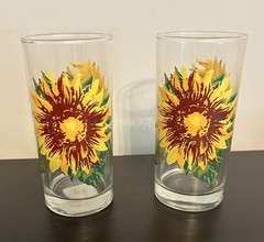 Libbey Crisa Clear Glass Painted Sunflowers Drinking Tumblers 16 Oz Set Of 2