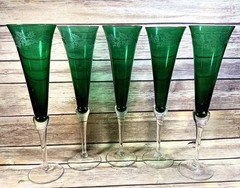 Set of 5 Lenox Holiday Gems Emerald Champagne Toasting Flutes Etched Holly