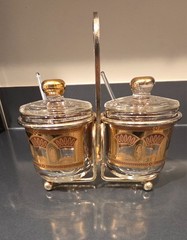CULVER FESTIVAL Jamboree server 2 covered jars w/glass spoons brass holder MCM