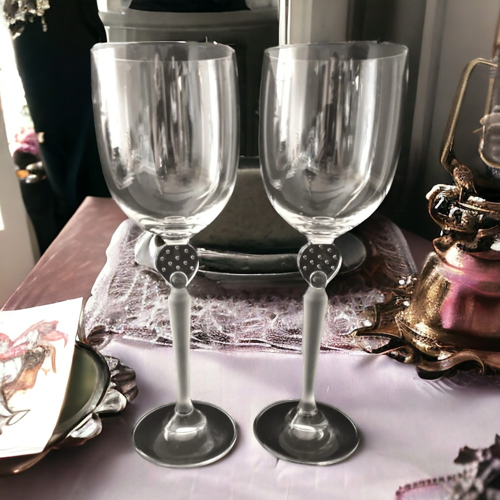 2 Mikasa Moonlight Frost Crystal Wine Goblets Glasses Long Frosted Stem Bubbles