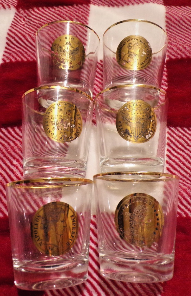 6 Libbey’s textured gold coin old fashioned glasses MCM 22k gold trim