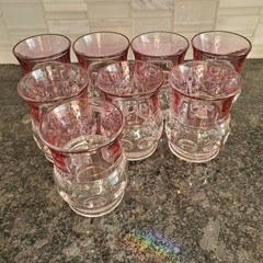 Vintage Pink Drinking Glasses Cranberry 4″ Tumbler Thumbprint Set Of 8