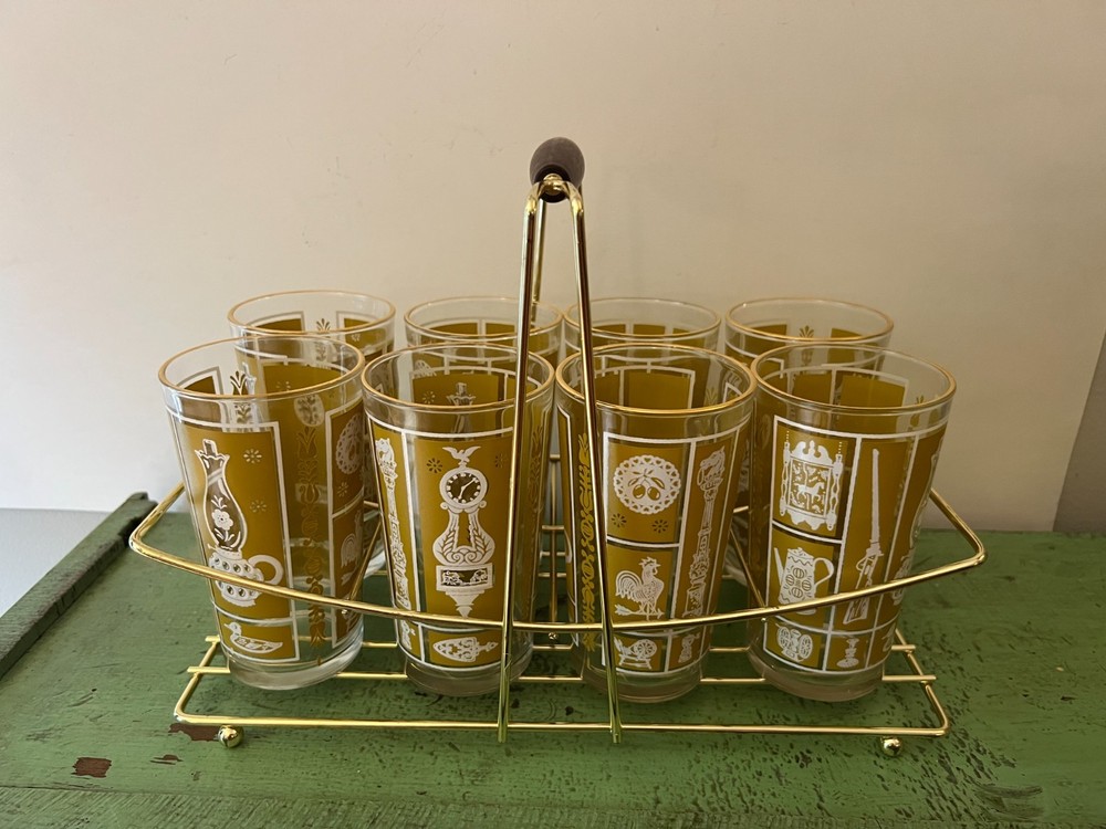 MCM Hazelware 9 pc Caddy Barware Drink Set. 8 Highball Glasses Gold Tone Carrier