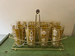 MCM Hazelware 9 pc Caddy Barware Drink Set. 8 Highball Glasses Gold Tone Carrier