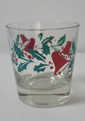 VTG Christmas Lowball Rocks Egg Nog Clear Drinking Glass 4 pc Bells & Holly 6 oz