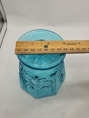 L.E. Smith Mt. Pleasant Blue Pressed Glass Leaf Berry Spooner Vase 5″ No Damage