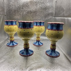 Vintage Hand Thrown Studio Art Pottery Wine Goblets Hand Painted Signed Set of 4
