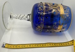 Vintage 10″ Cobalt Blue Art Glass Goblet Gold Gilt Enamel Jeweled Twisted Stem